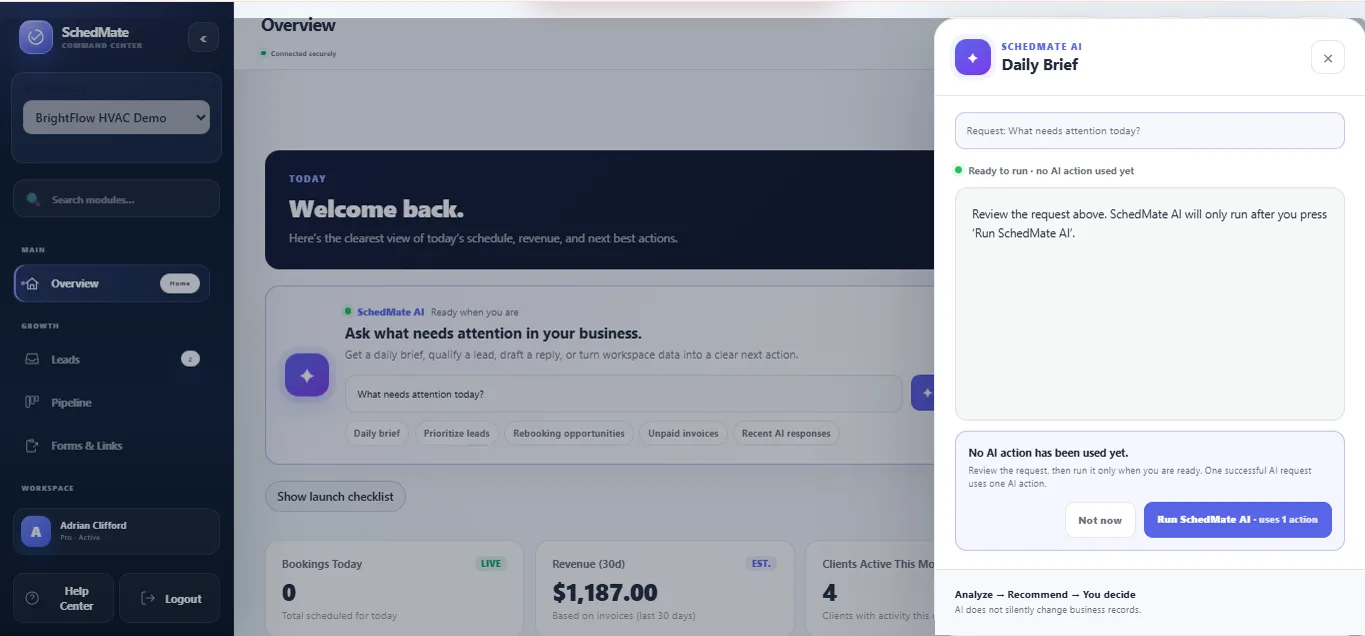SchedMate AI confirmation showing that no AI action is used until the owner chooses Run
