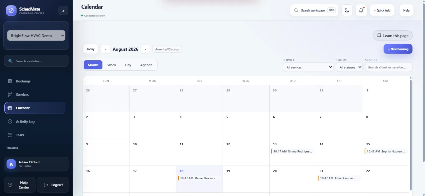 SchedMate monthly calendar with scheduled bookings