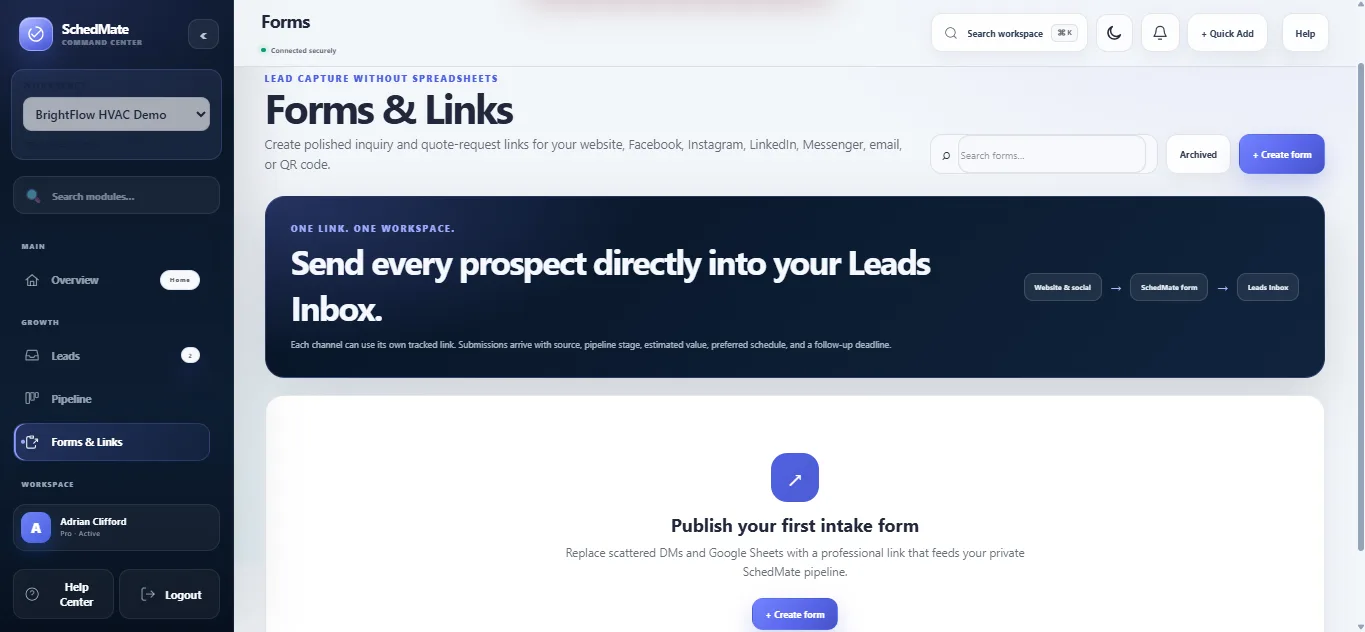 SchedMate Forms and Links page for collecting inquiries