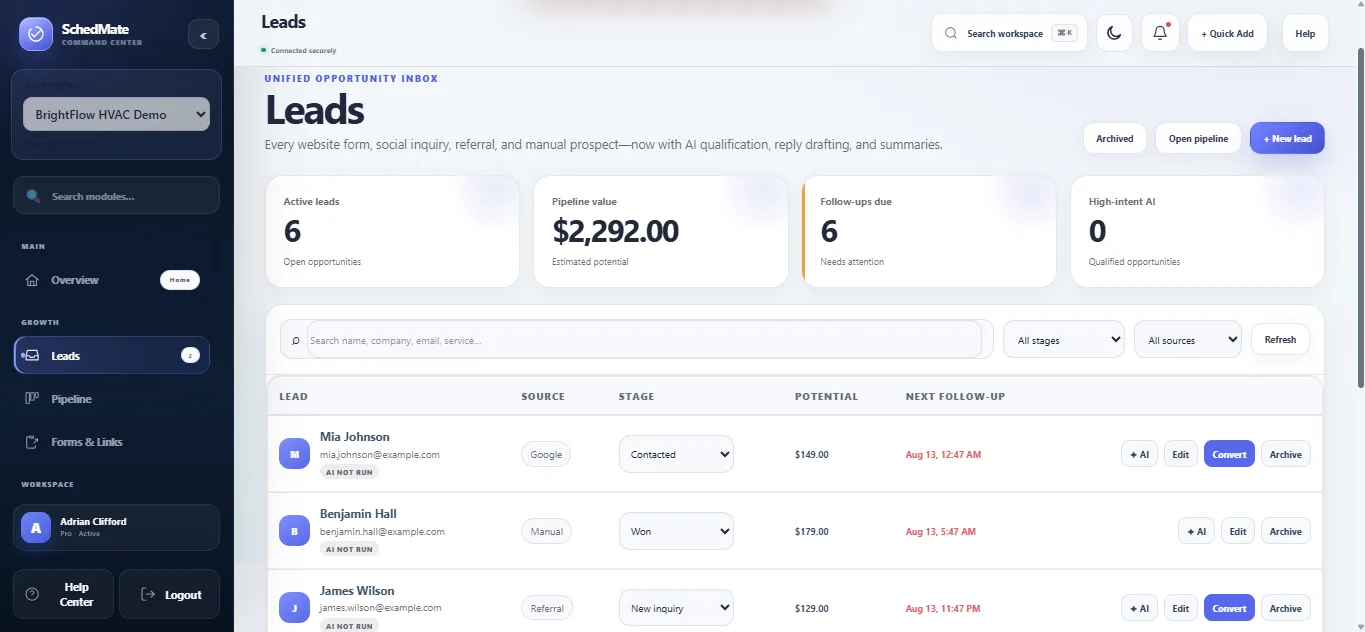 SchedMate Leads interface
